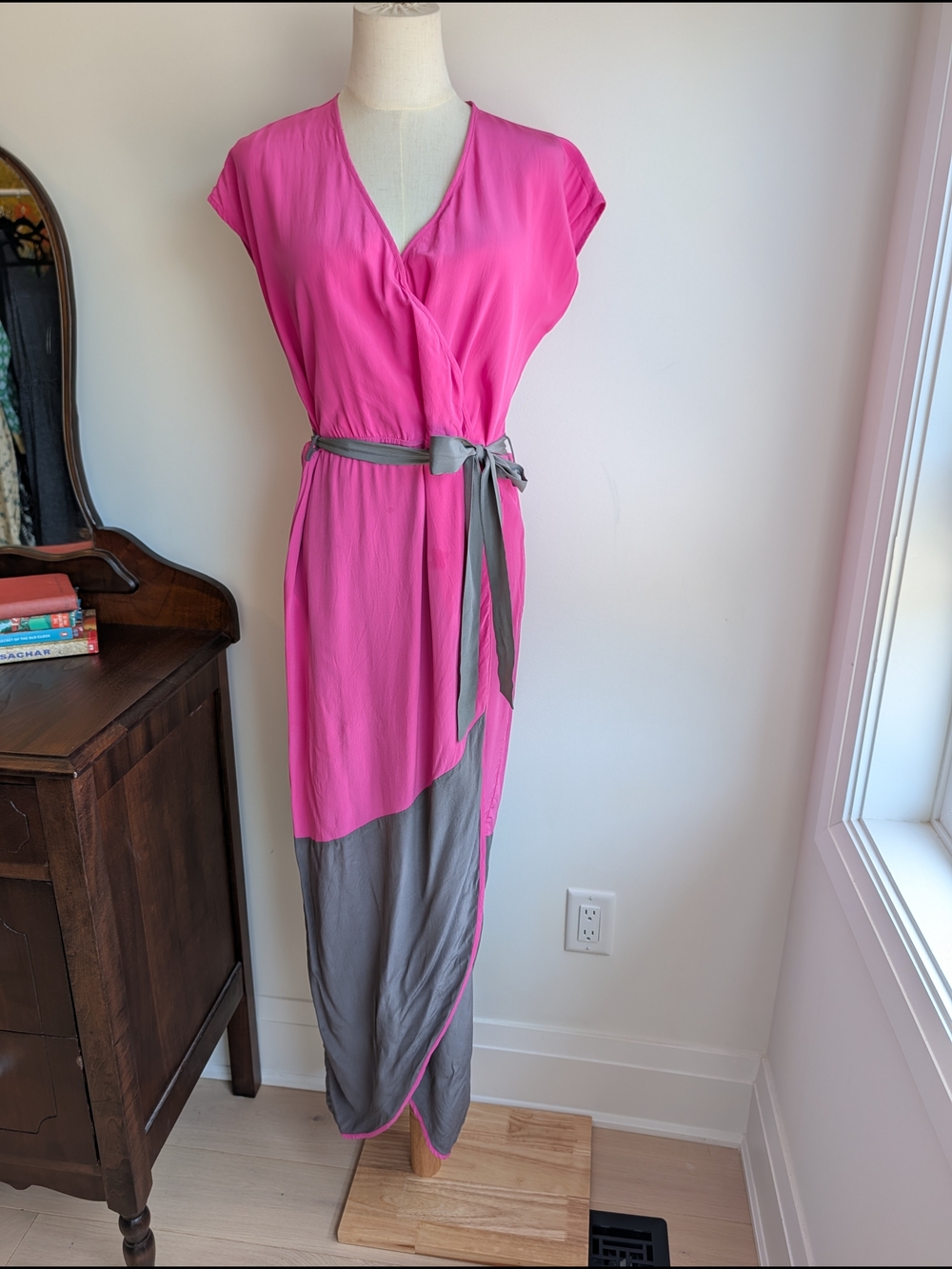 Bright Pink & Gray Silk Faux Wrap Maxi Dress with Tie Belt